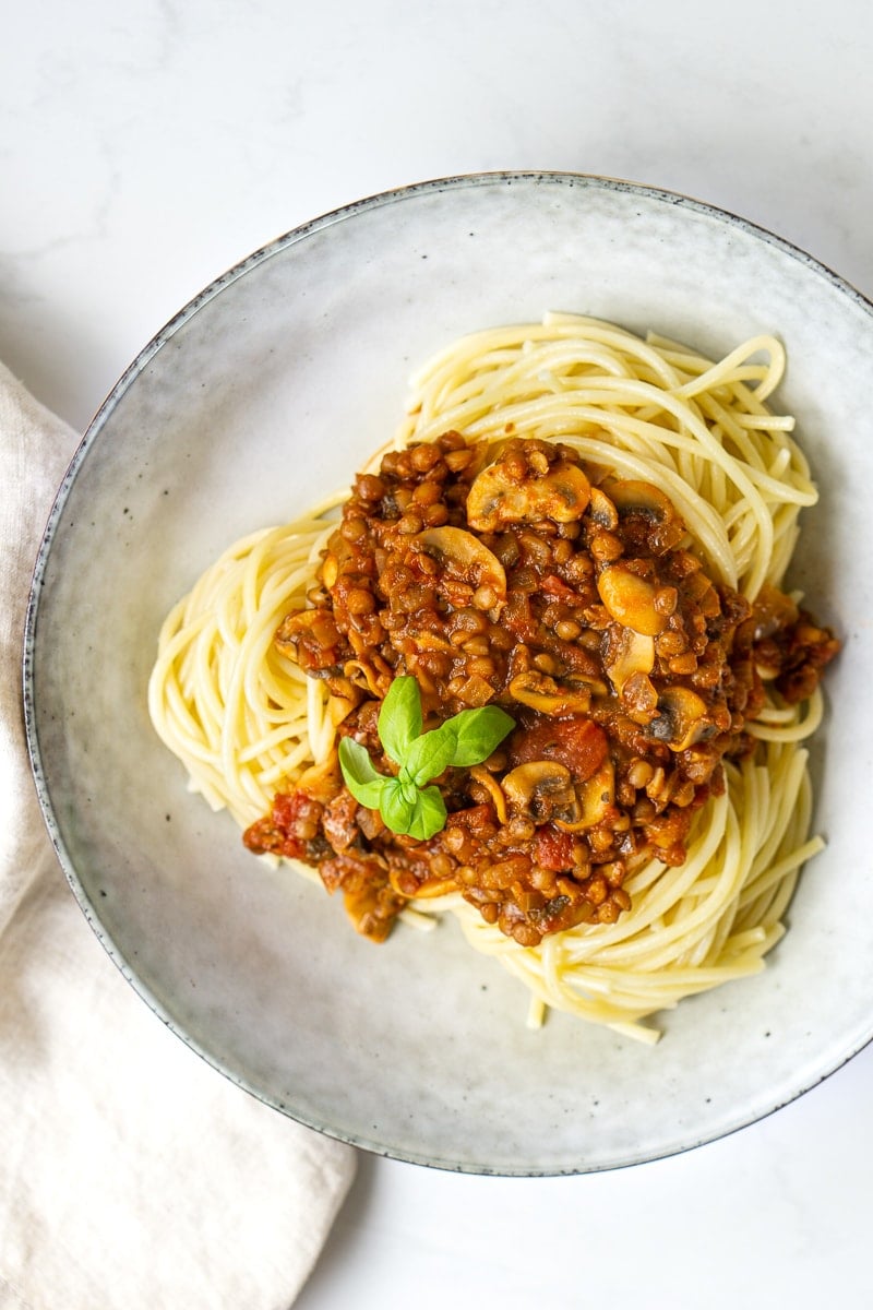 Lentil Bolognese and spaghetti