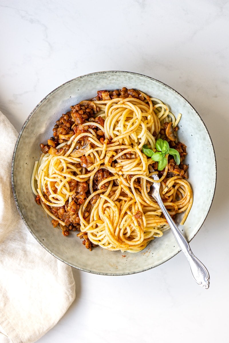 Bowl of Lentil Bolognese and spaghetti from above