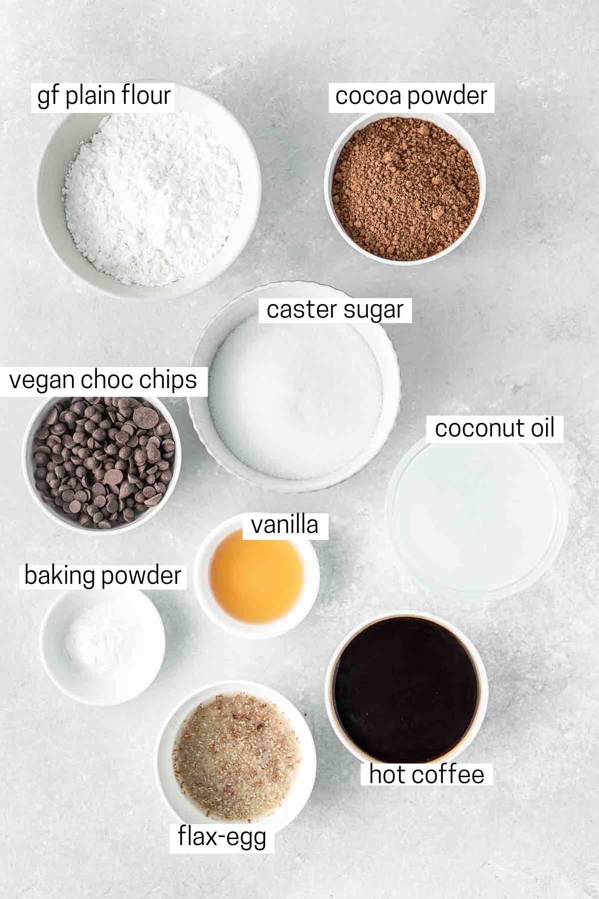 All ingredients needed to make vegan brownies.
