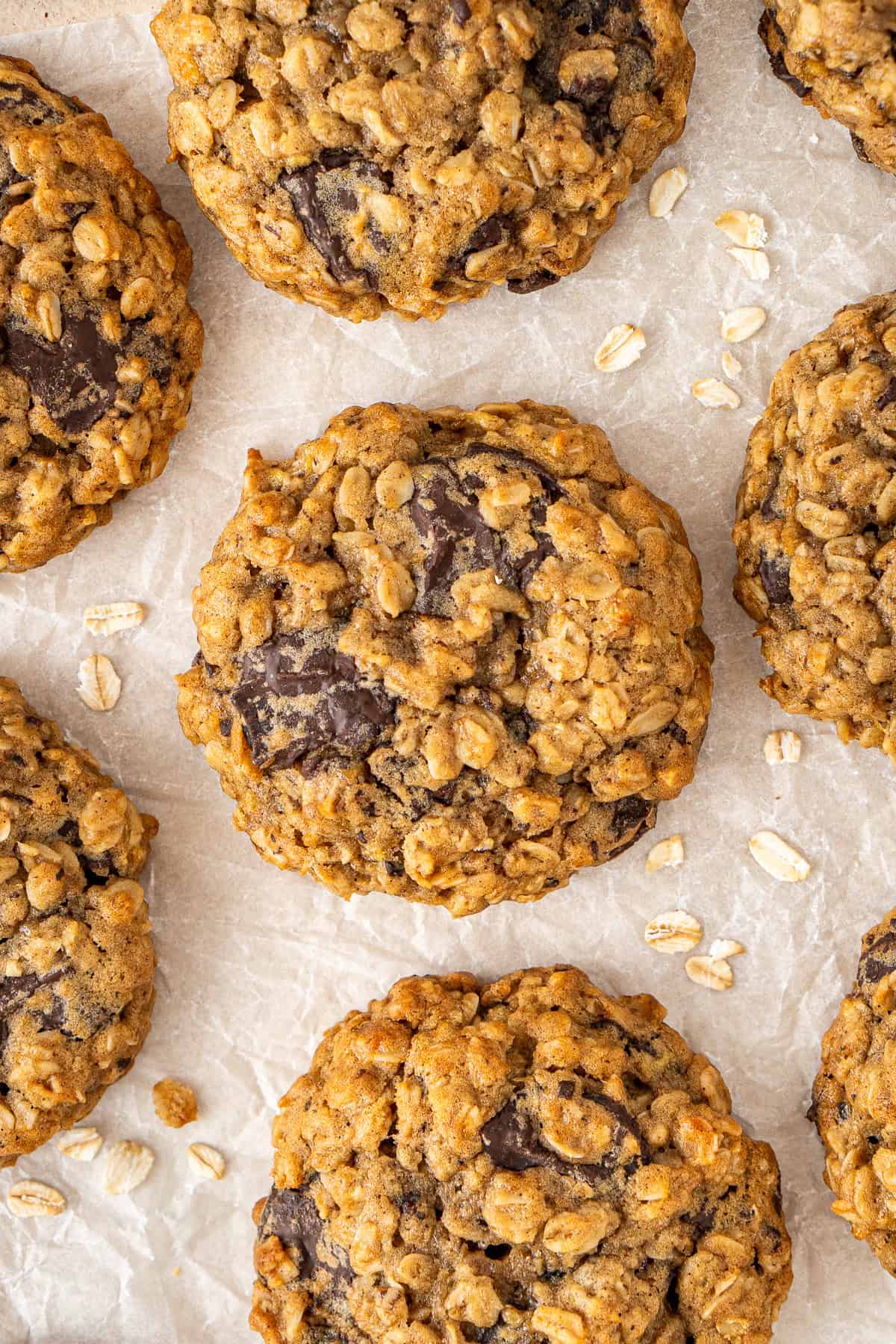 Banana oat chocolate chip cookies laid out.