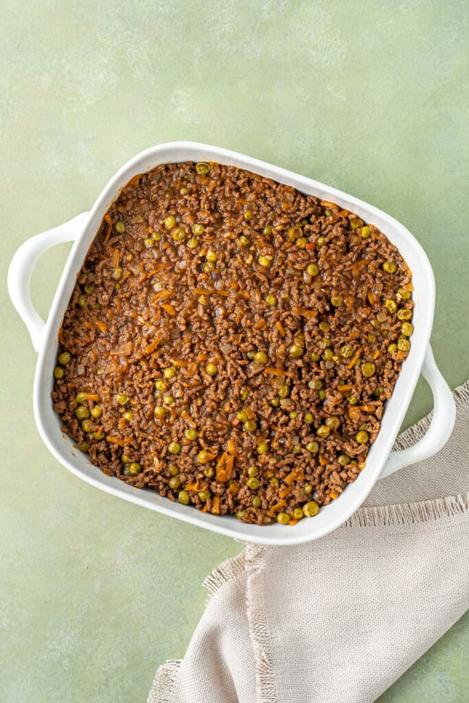 The pie filling in a dish.