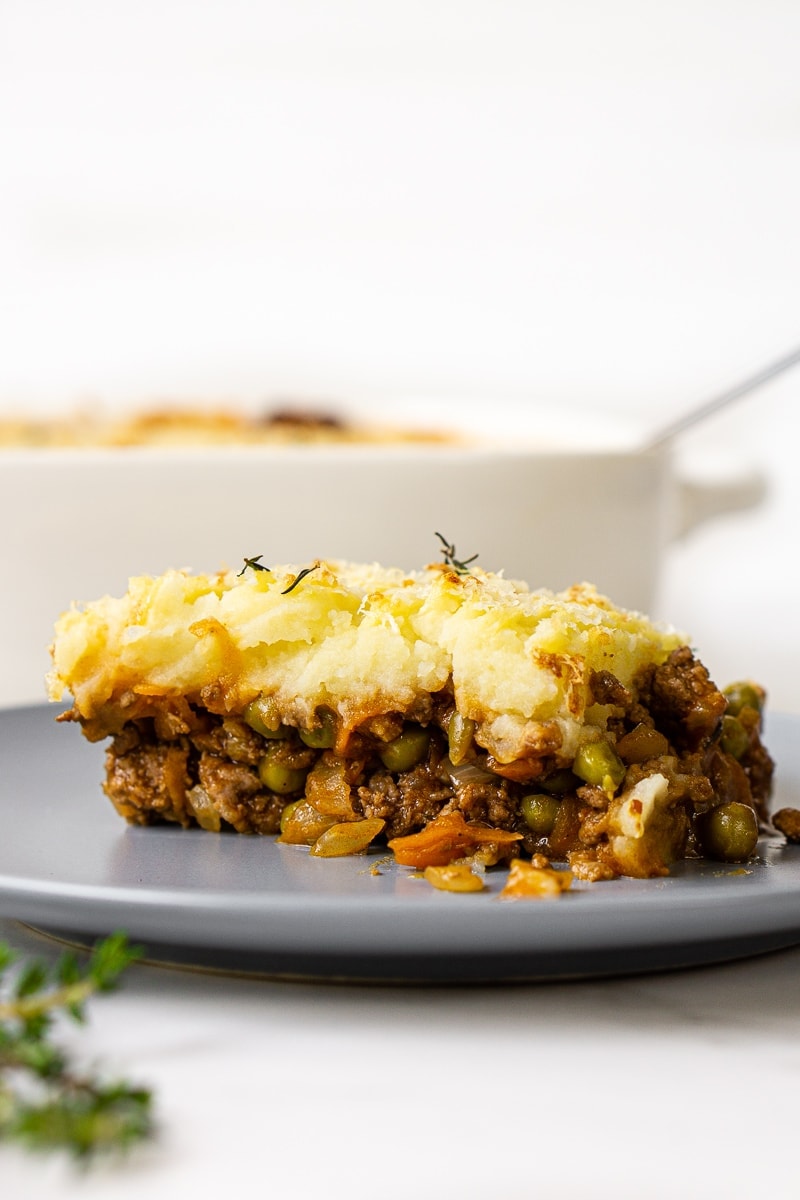 Slice of cottage pie on a plate