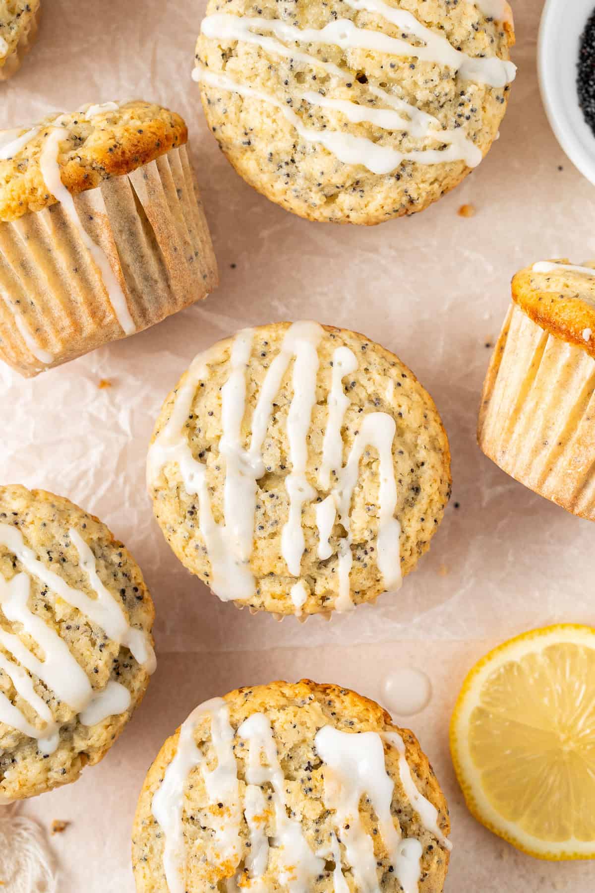 The lemon poppy seed muffins laid out.