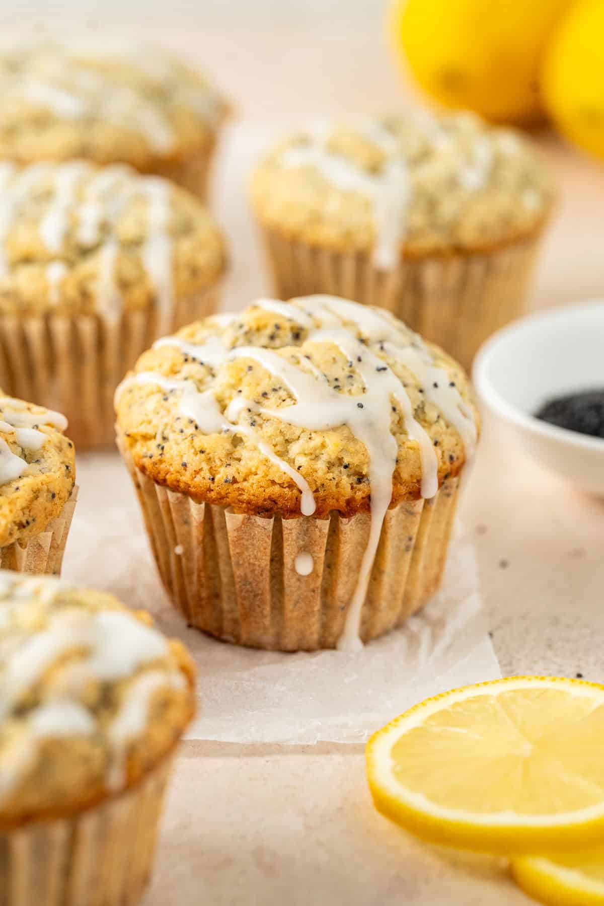 Dairy free lemon poppy seed muffins with a lemon drizzle.