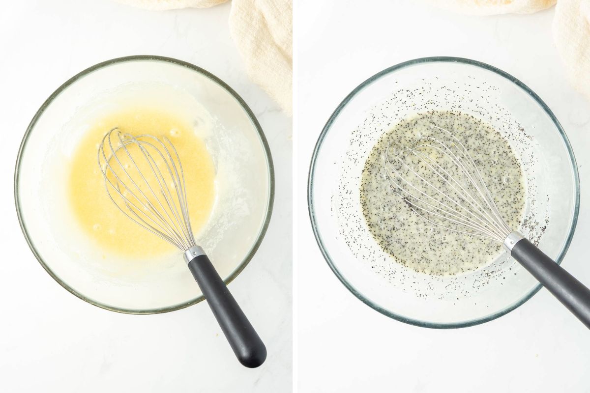 Step one and two of making lemon poppy seed muffins in a glass bowl with a whisk.