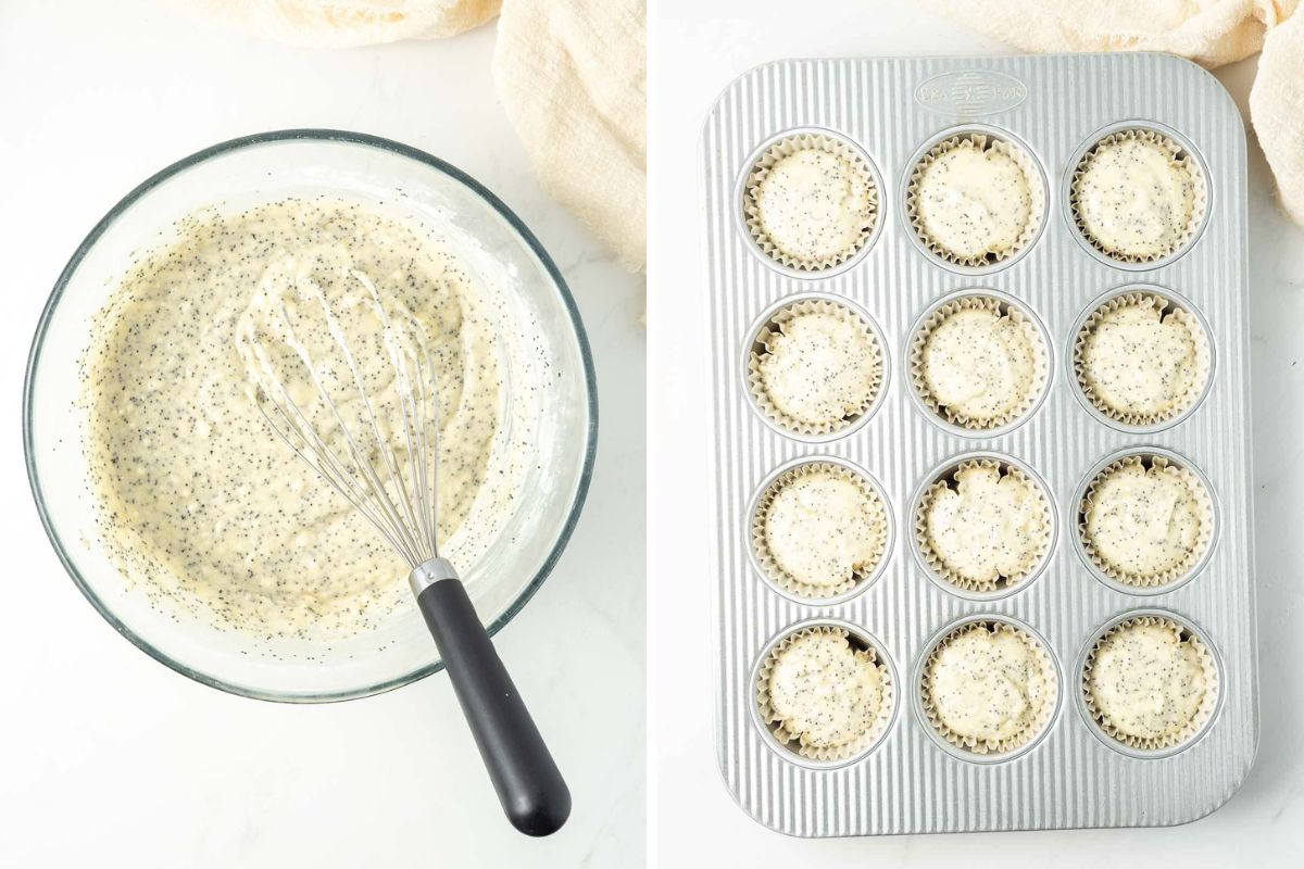 Lemon poppy seed muffin batter in a bowl and in a muffin pan ready to bake. 