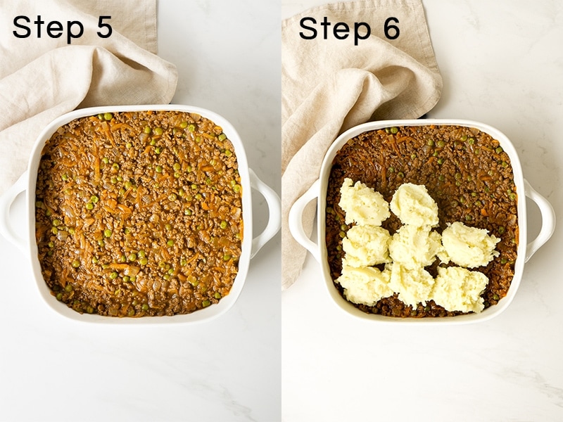 Cottage pie steps 5 and 6 in casserole dish