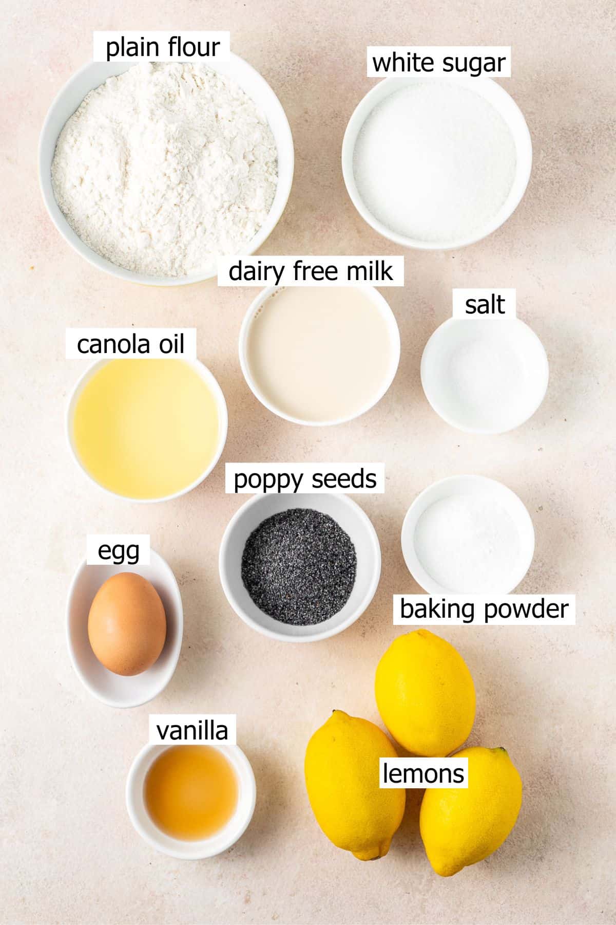 All ingredients needed to make dairy free lemon poppy seed muffins laid out in bowls.