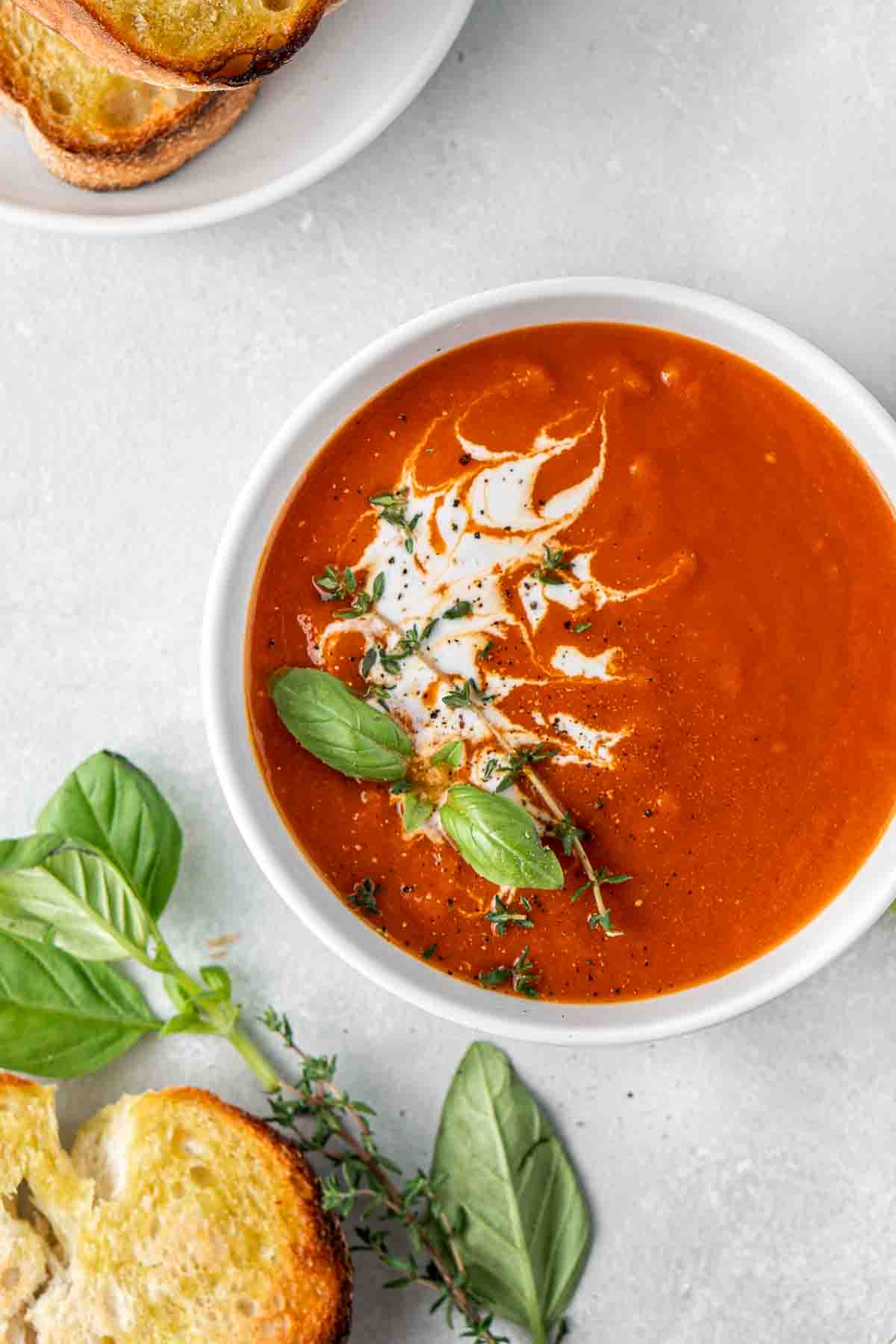 Close up of a bowl of vegan tomato soup with coconut milk and herbs.