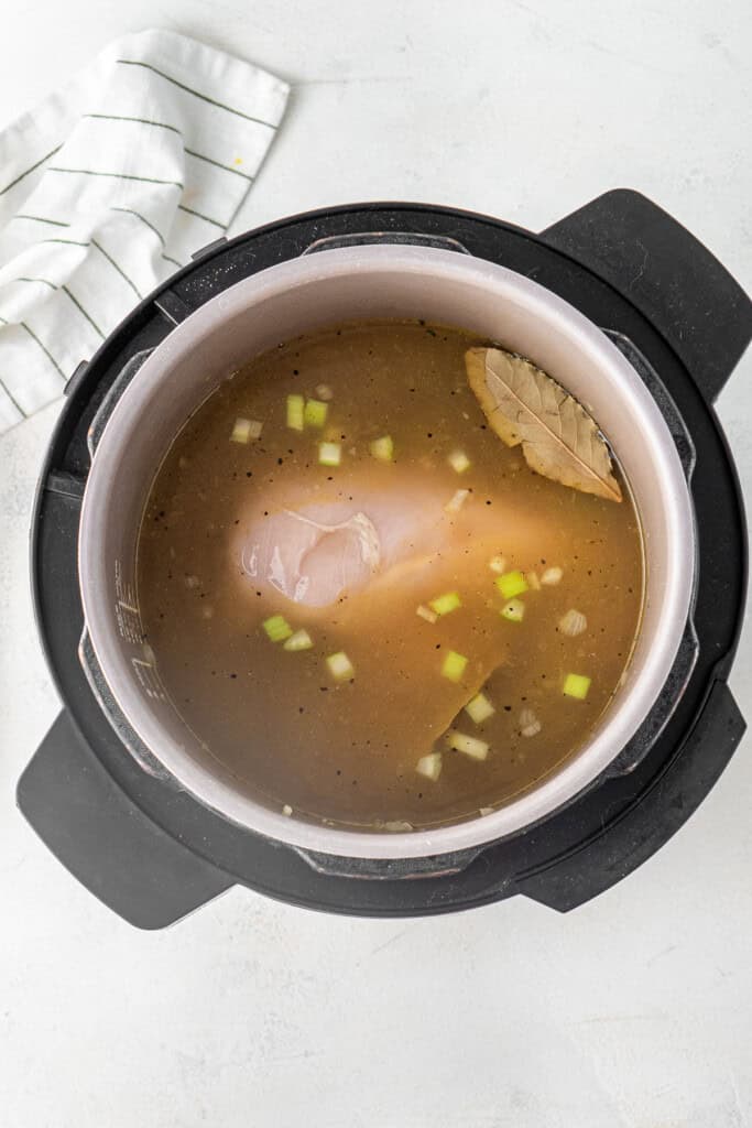 All ingredients including the chicken breast in the pressure cooker.