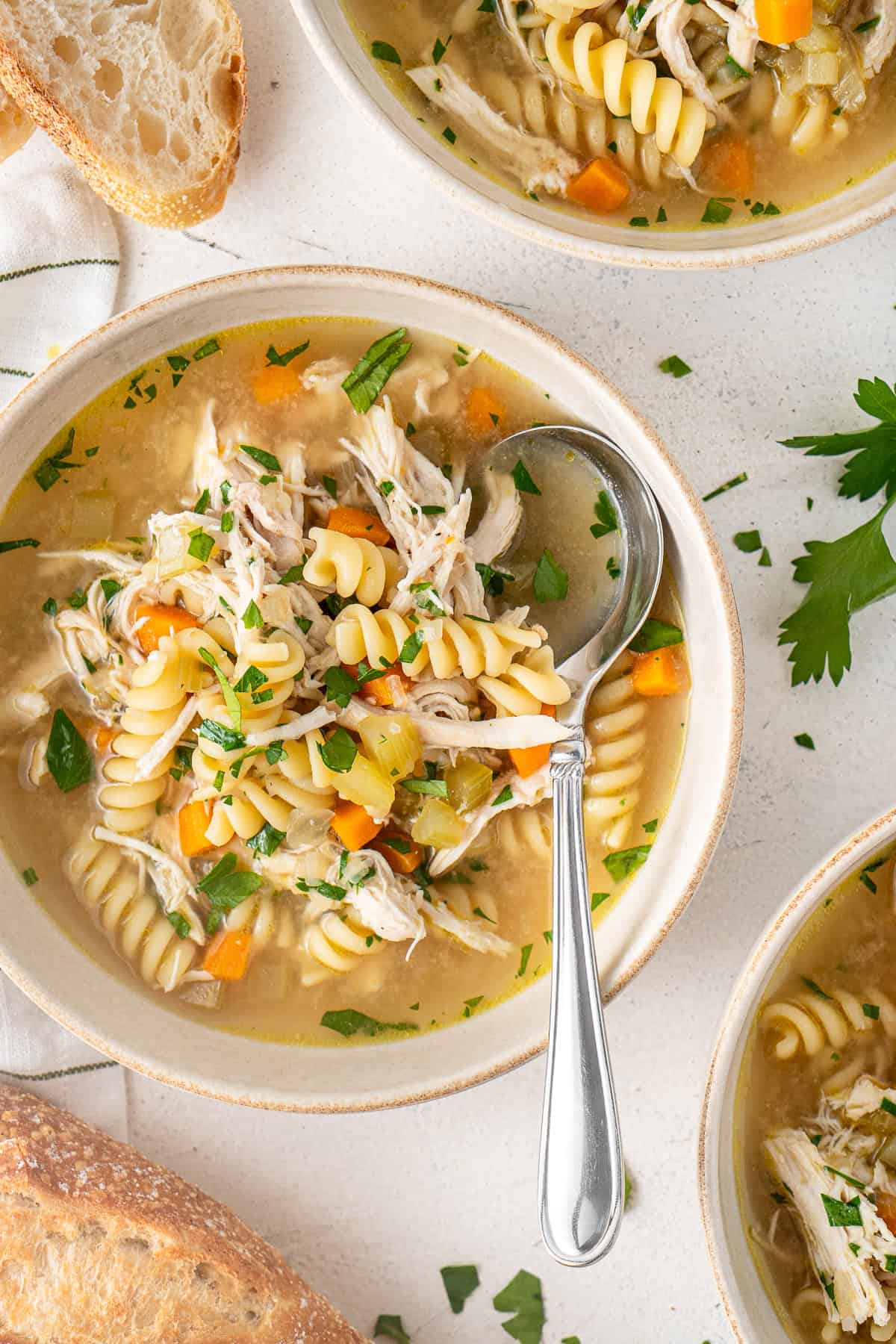 Cloe up of the soup in bowls with fresh parsley and a soup spoon.