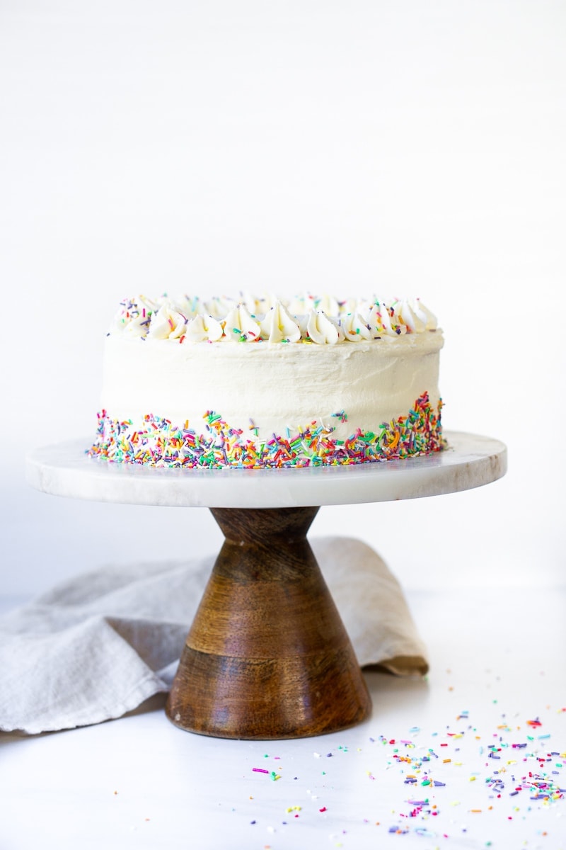 Funfetti cake on cake stand