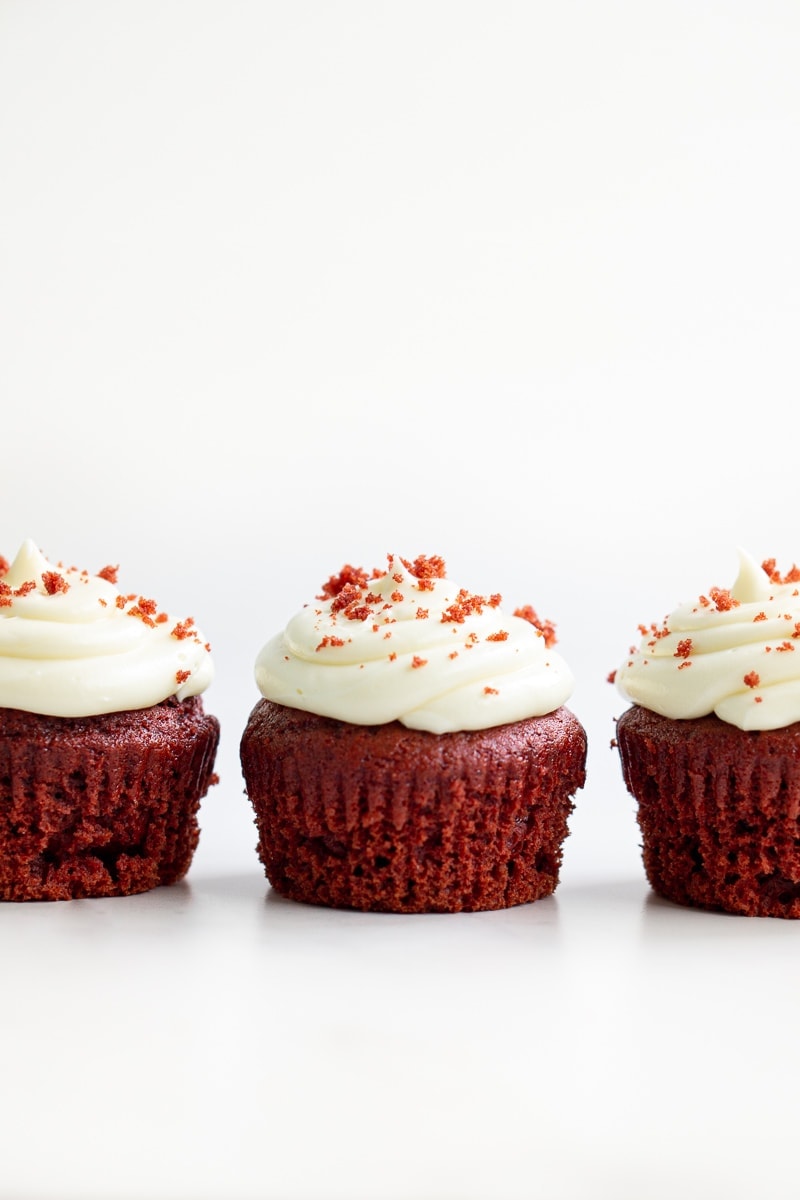 3 vegan red velvet cupcakes