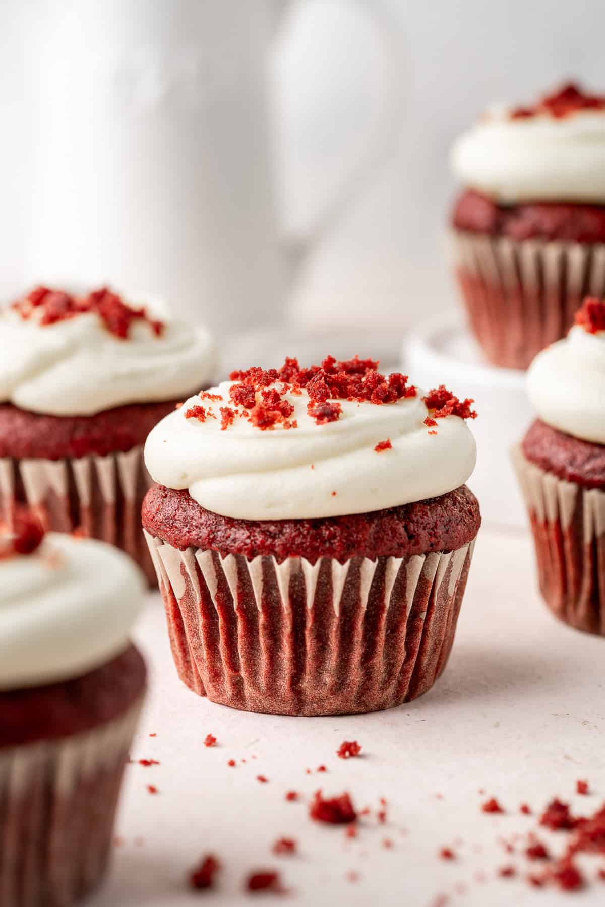 Close up of a dairy free red velvet cupcake.