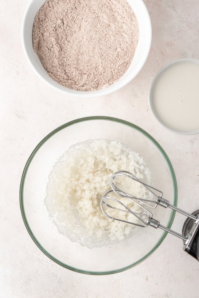 Preparing the batter in bowls.