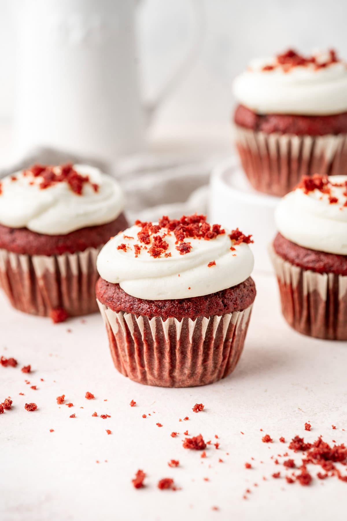 Vegan red velvet cupcakes with vegan cream cheese frosting.