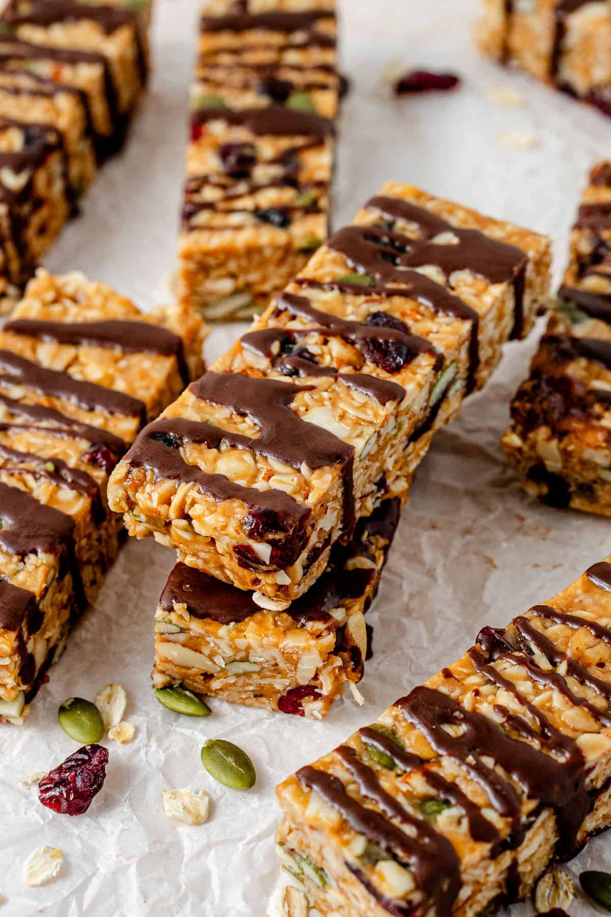 The peanut butter muesli bars drizzled with chocolate.