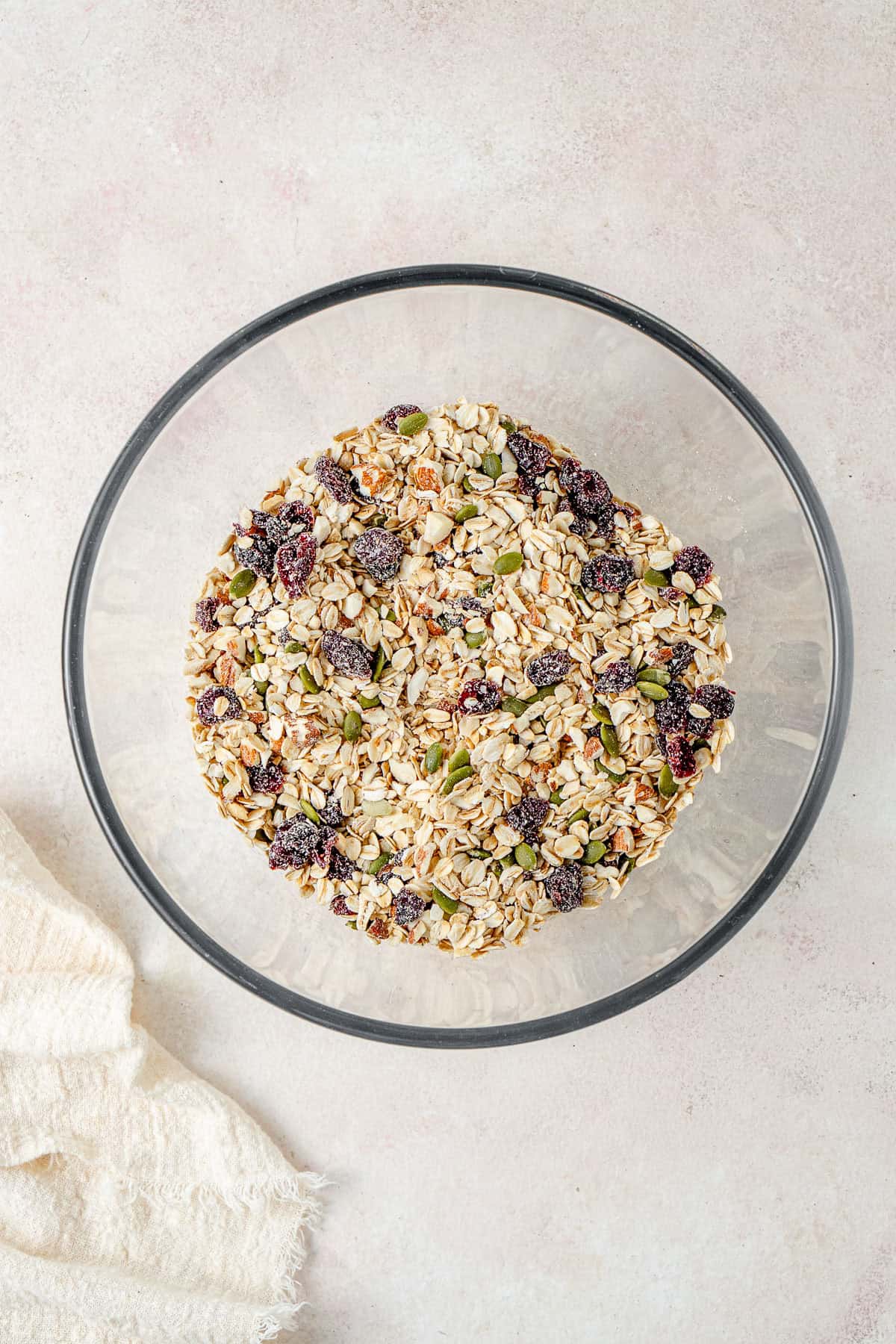 The muesli mix in a glass bowl.