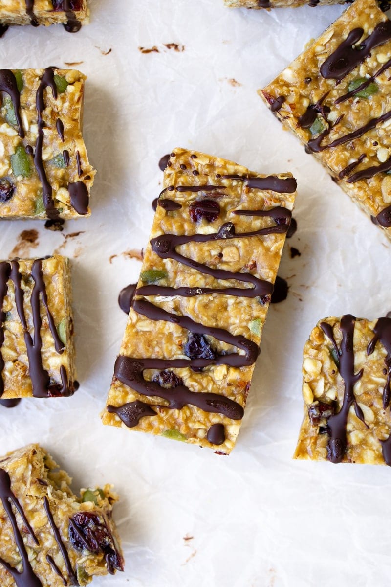 No-Bake Peanut Butter Muesli Bars with chocolate drizzle