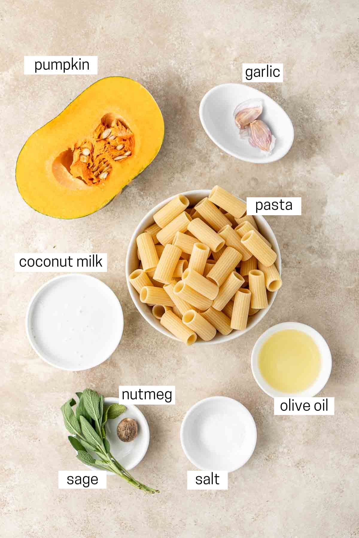 All ingredients needed to make creamy vegan pumpkin pasta laid out in small bowls.
