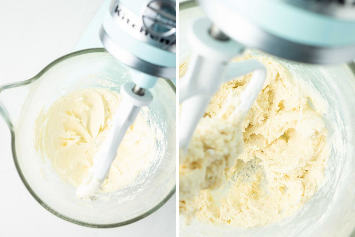 Step one and two of making the cookie dough in a stand mixer.