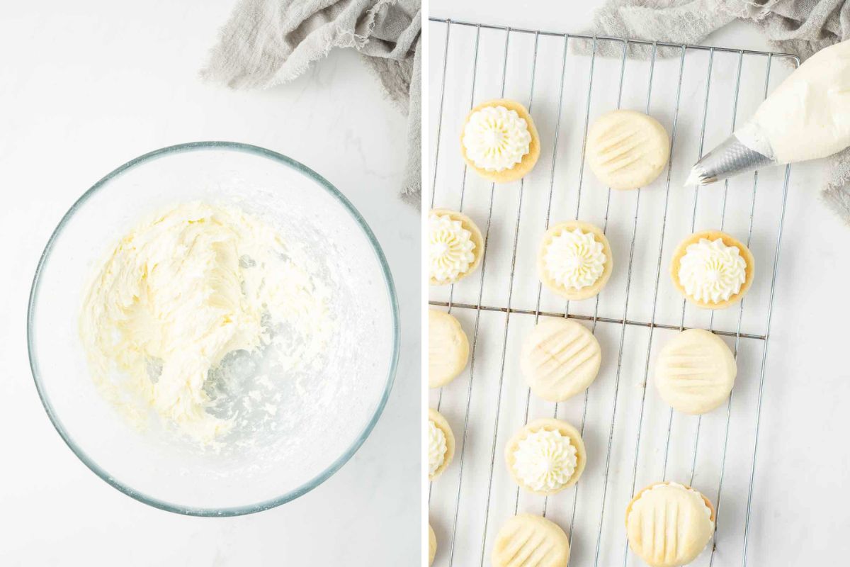 Lemon buttercream filling and piping it onto the cookies.