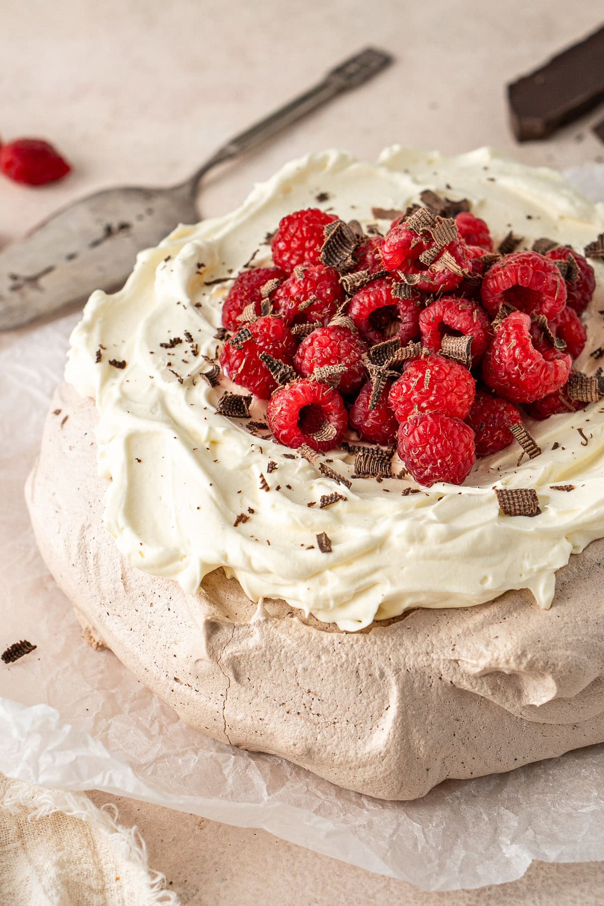 Chocolate pavlova topped with cream, raspberries and chocolate.