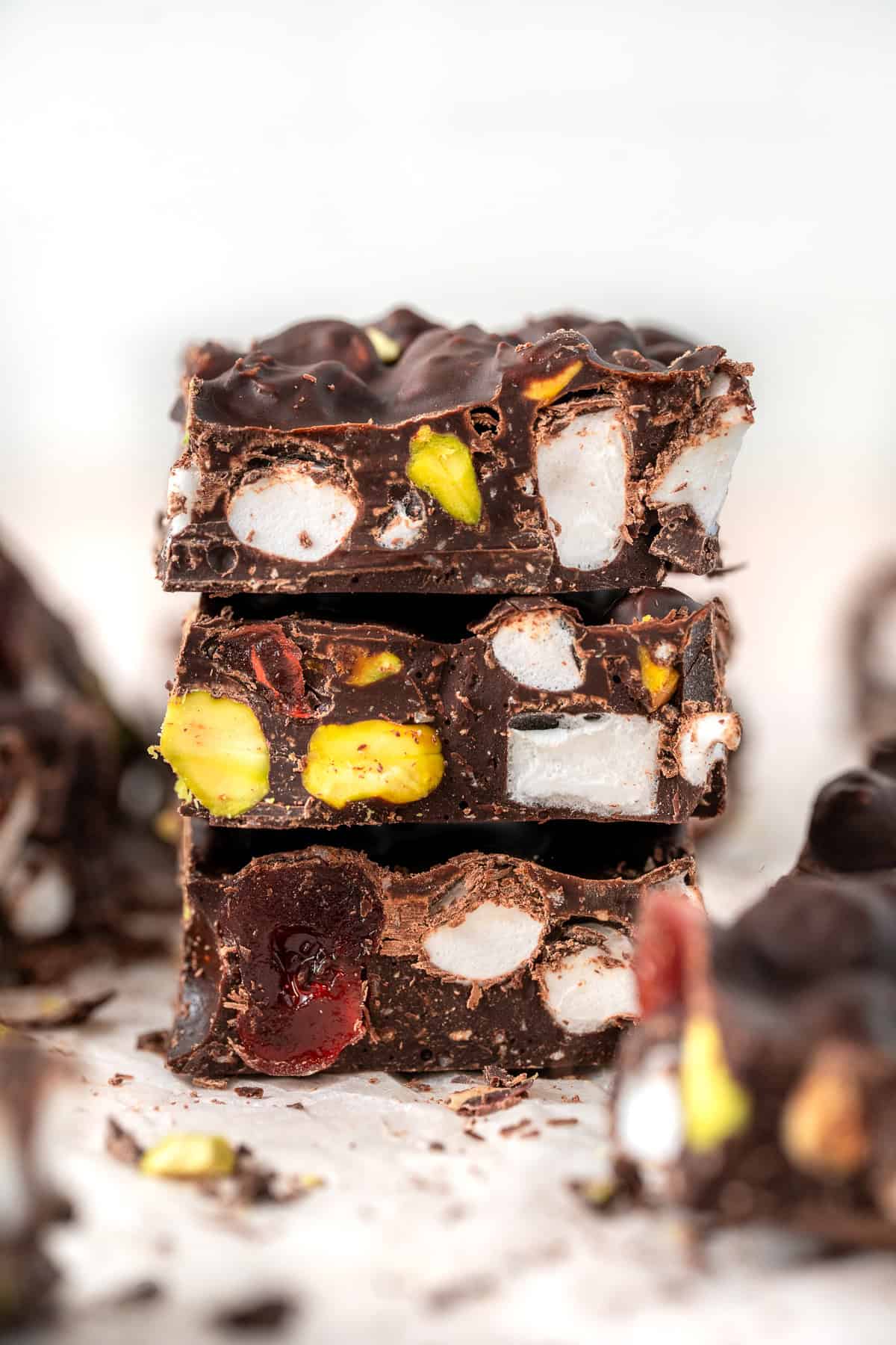 Pieces of rocky road stacked on top of each other.