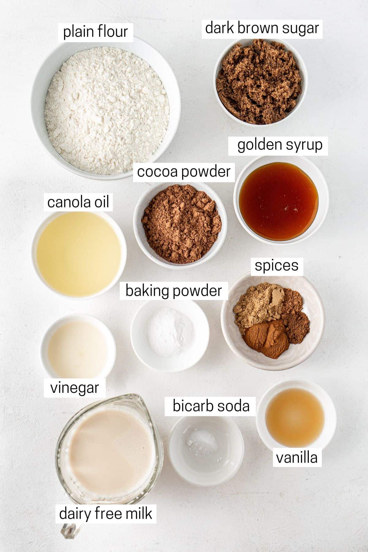 All ingredients needed to make chocolate gingerbread cupcakes.
