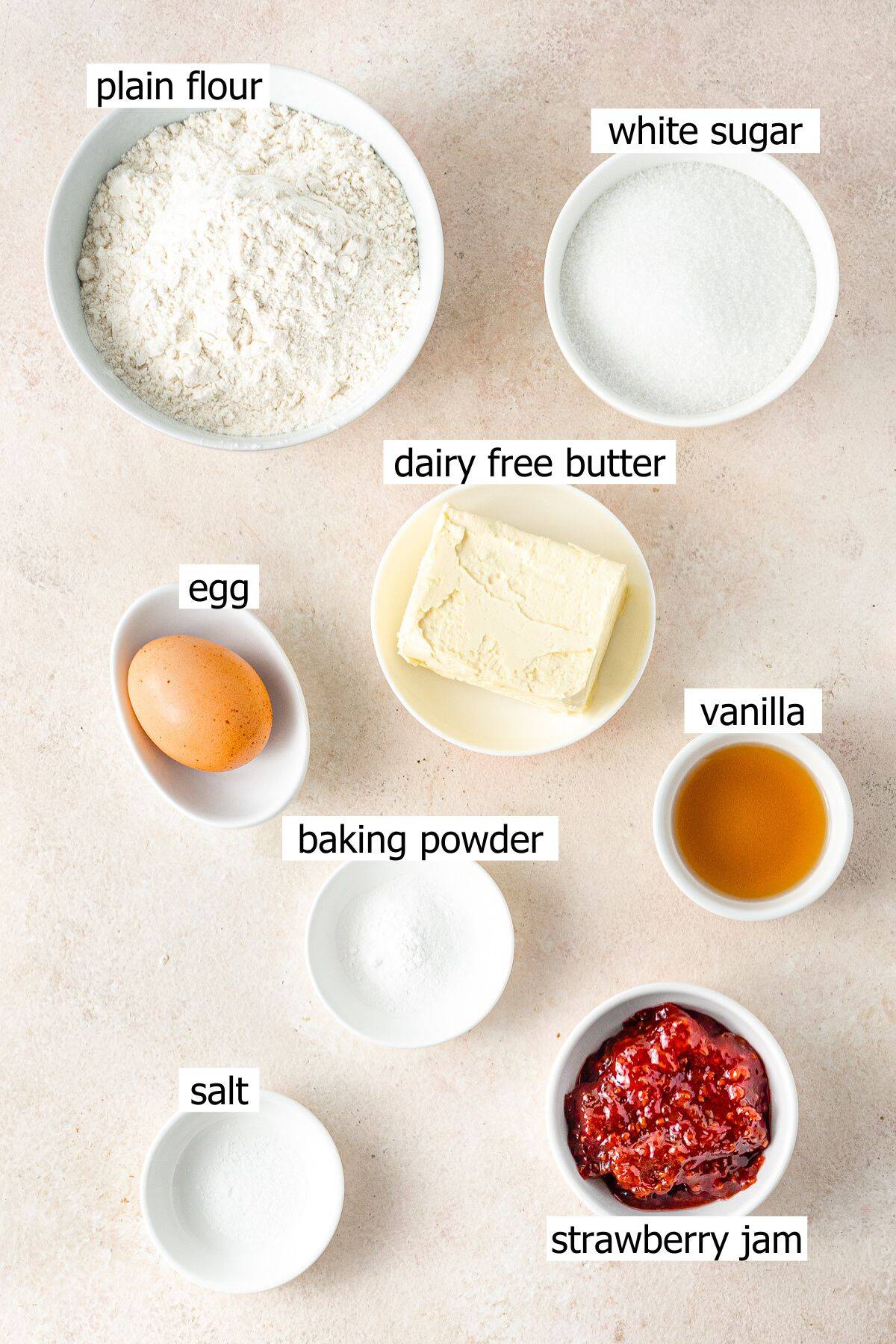 All ingredients needed to make this dairy free jam drop recipe.