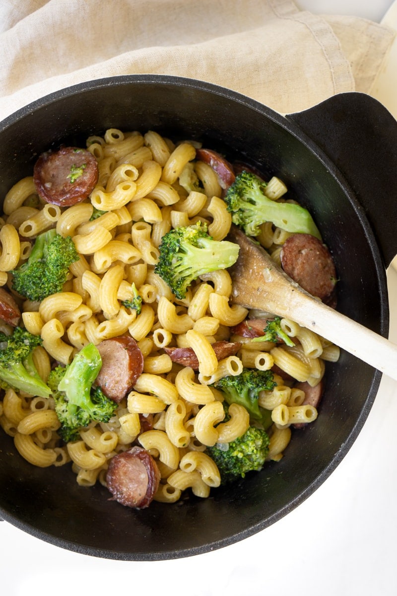 Sausage and broccoli pasta in one pot.