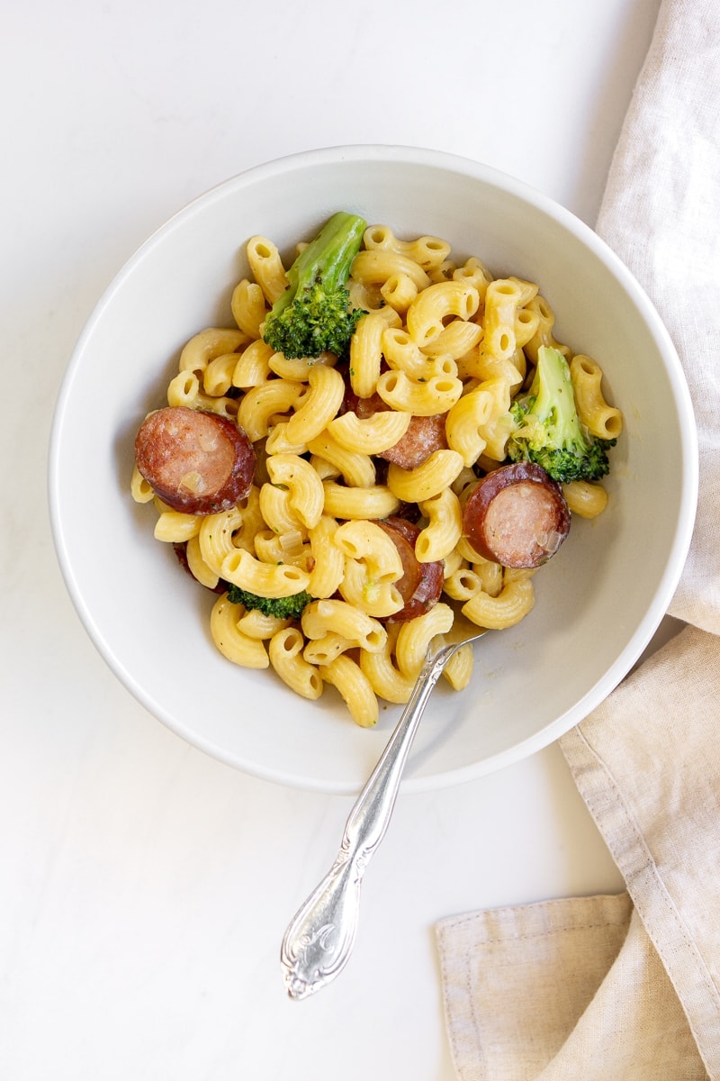 One Pot Sausage and Broccoli Pasta in a Bowl.