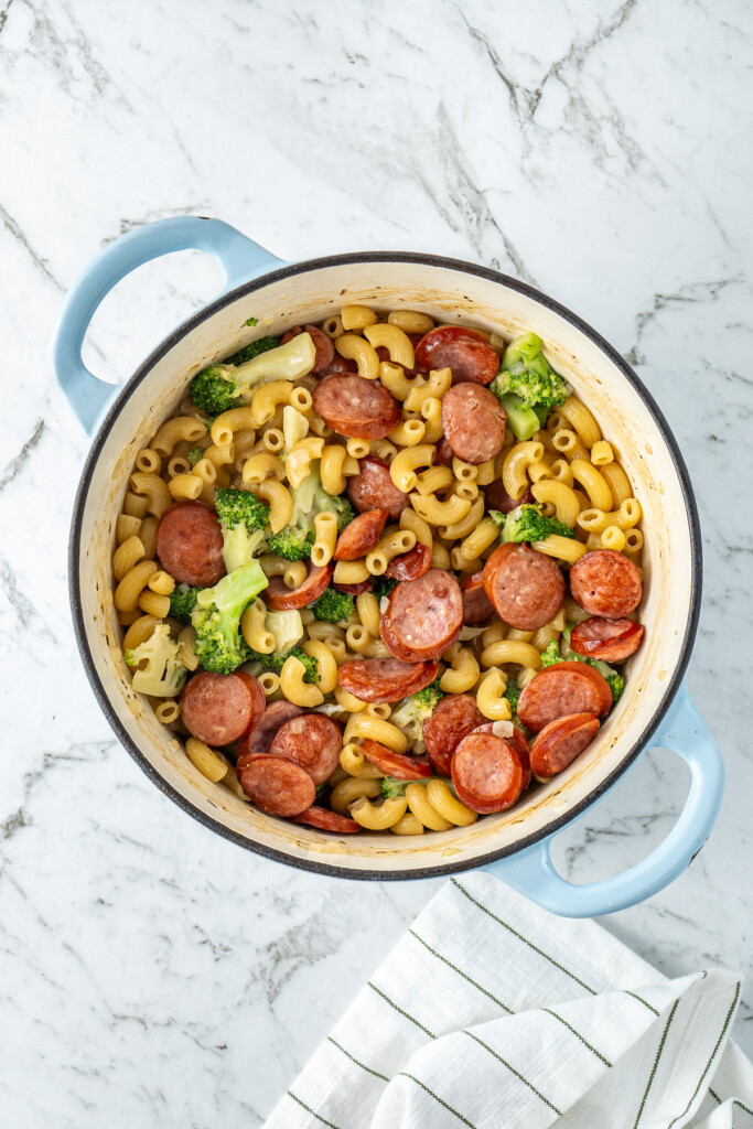 The pot of sausage and broccoli pasta.