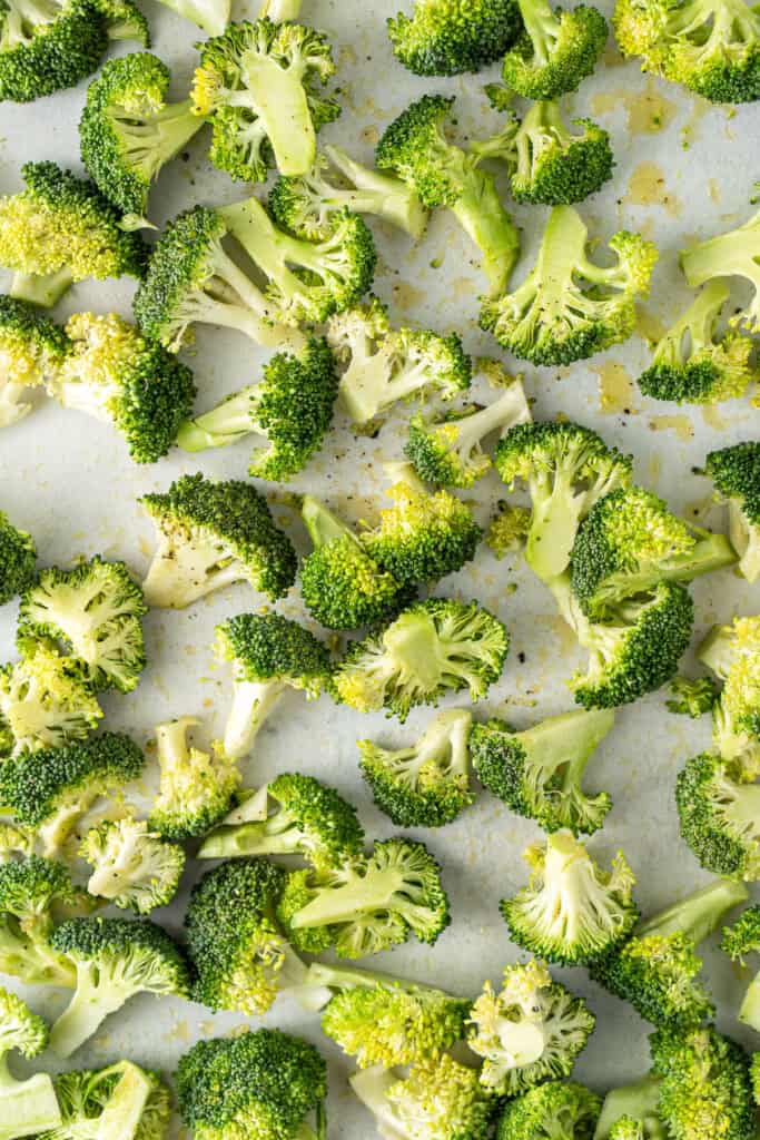The broccoli on a baking tray.