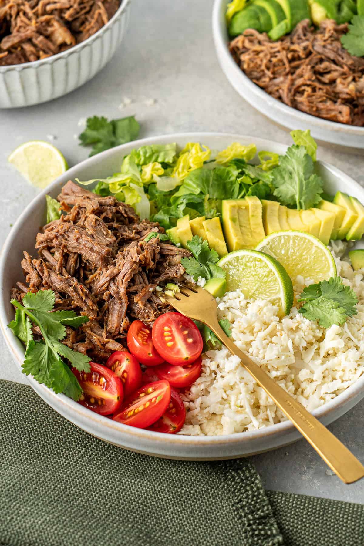 Shredded beef bowl with cauliflower rice and salad.