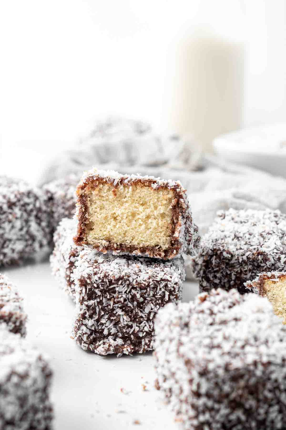 Close up of the inside of a lamington.