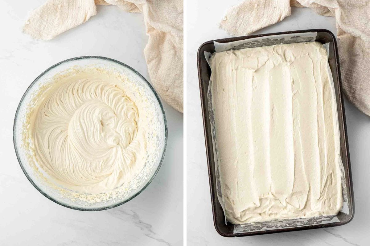 The vanilla cake batter in a bowl and in a cake pan ready to bake.
