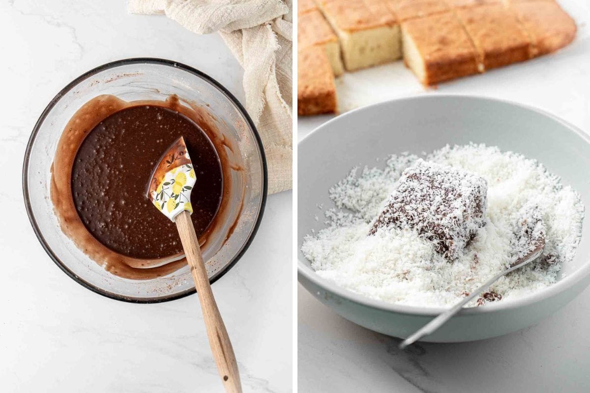 Chocolate icing in a bowl and coconut coating the lamington. 