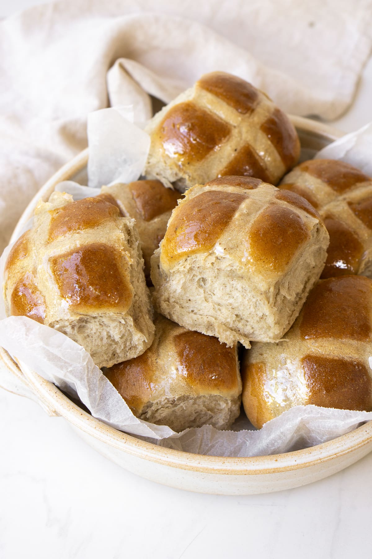 Freshly baked chai spiced hot crossed buns.
