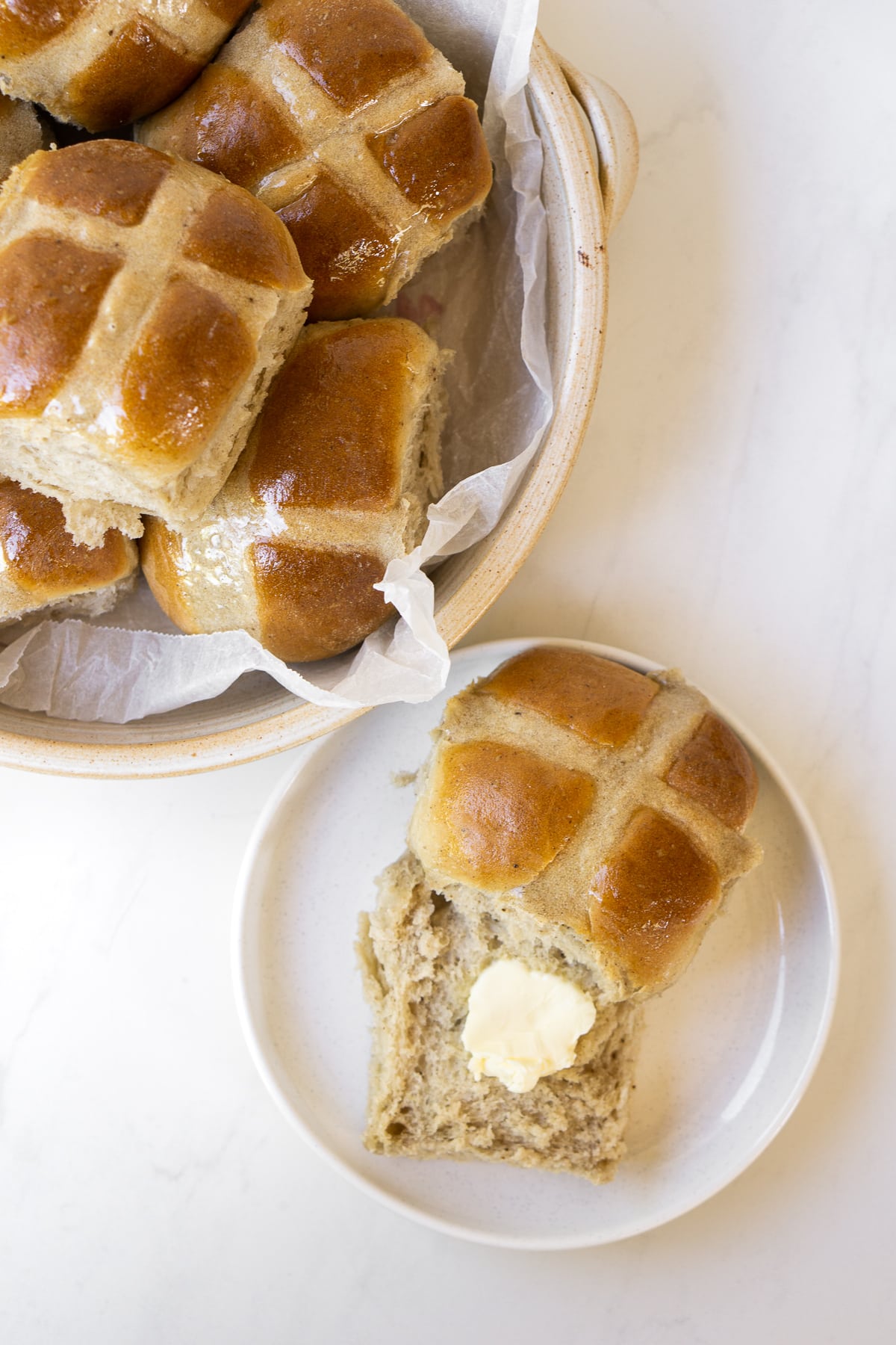 Hot crossed buns with butter.