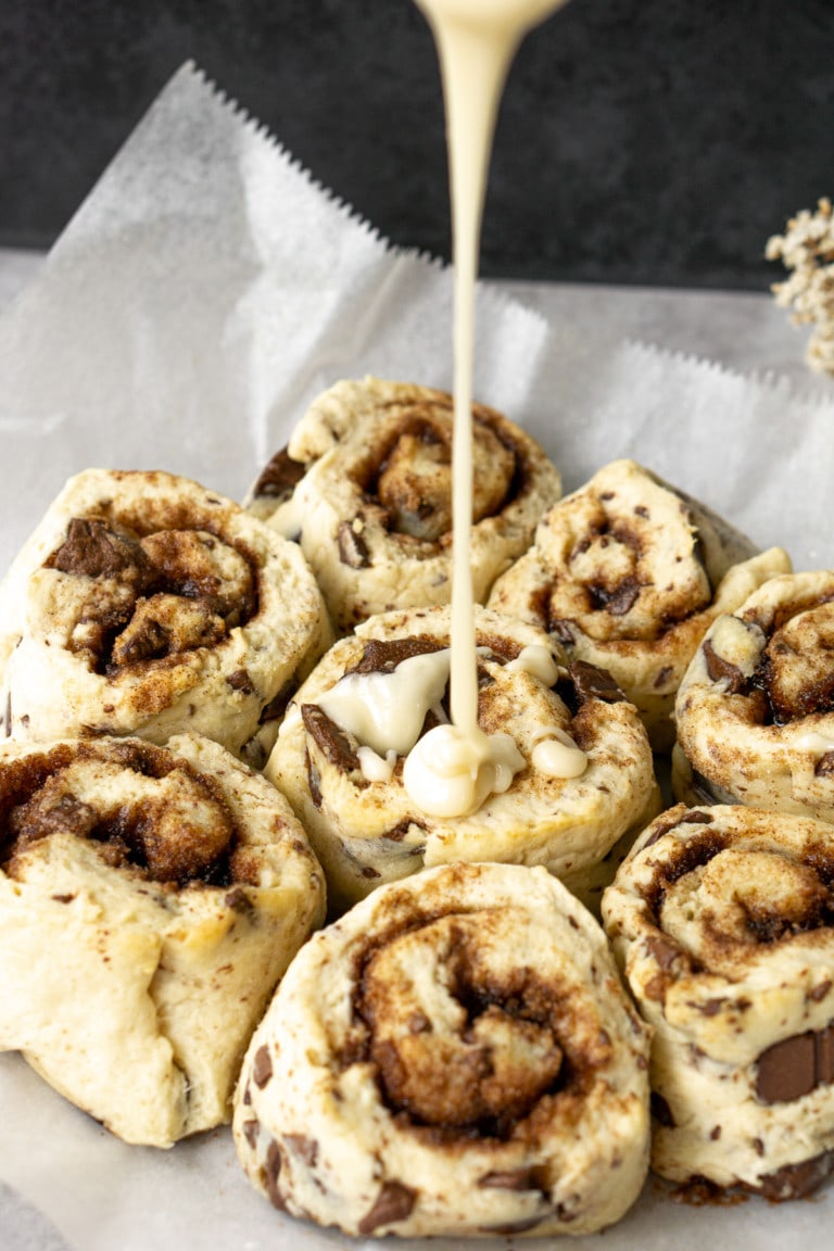 Chocolate Chip Cinnamon Rolls with Maple Glaze - Eight Forest Lane