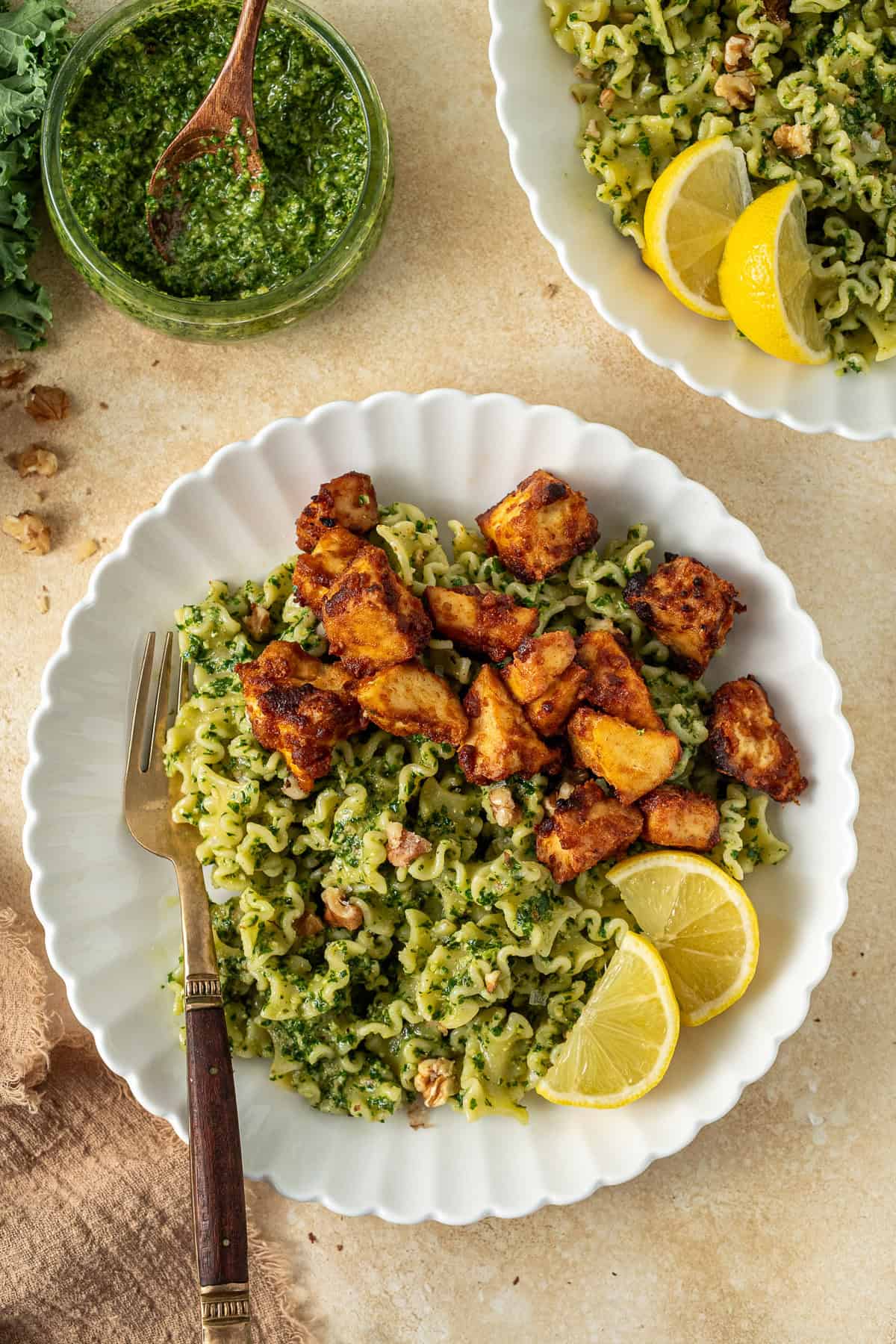 Crispy tofu nuggets added to the bowl with the kale pesto pasta as a serving suggestion.