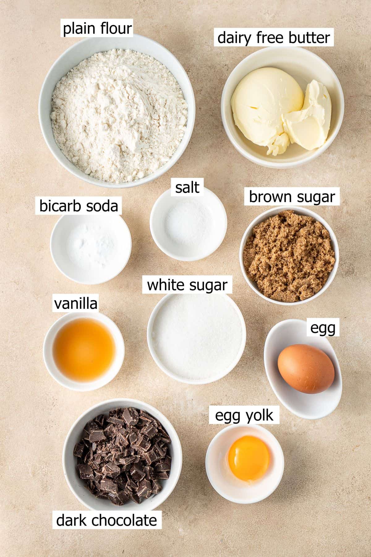 All ingredients needed to make dairy free giant chocolate chip cookies.