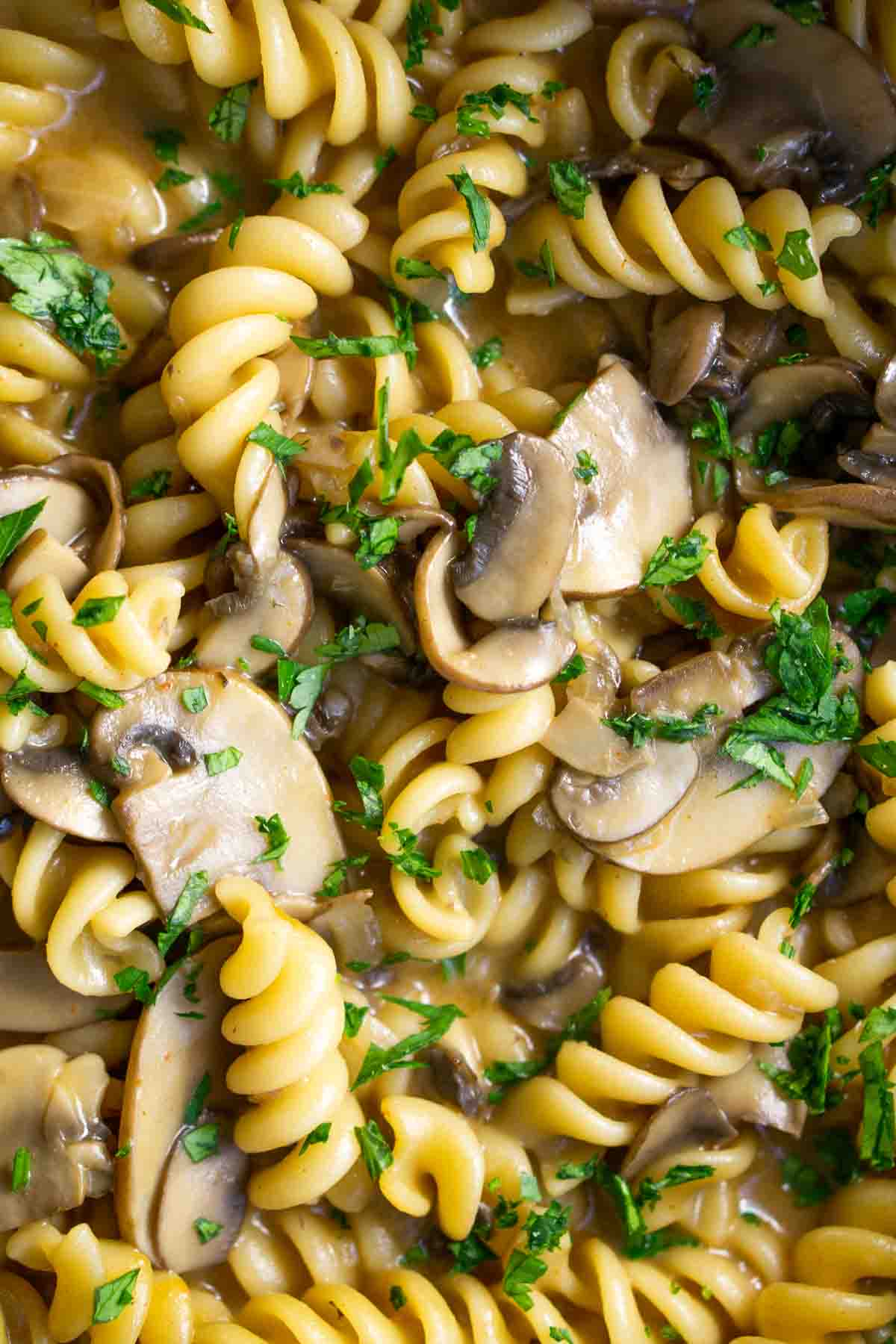 Close up of mushrooms and pasta with parsley garnish. 