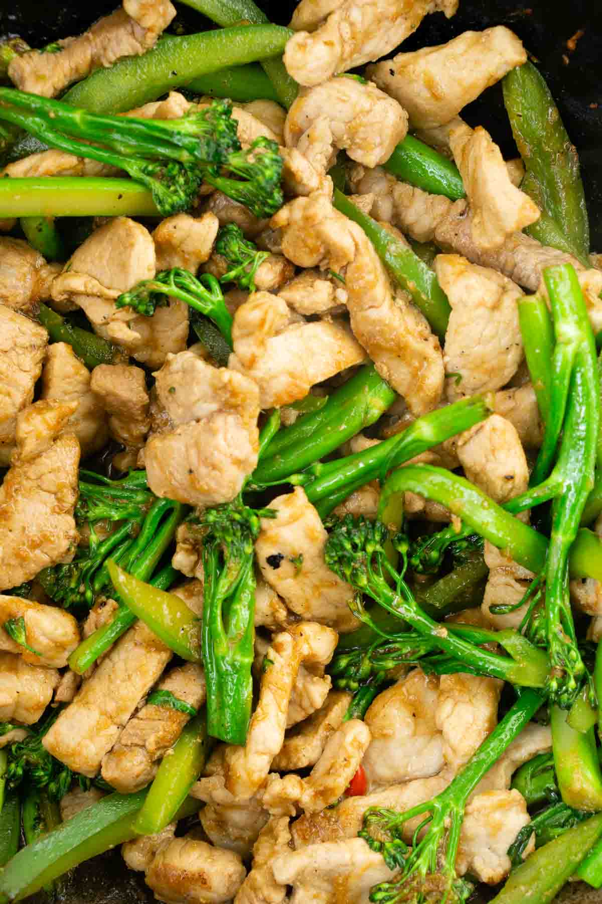 close up of cooked pork and broccolini with hoisin sauce 