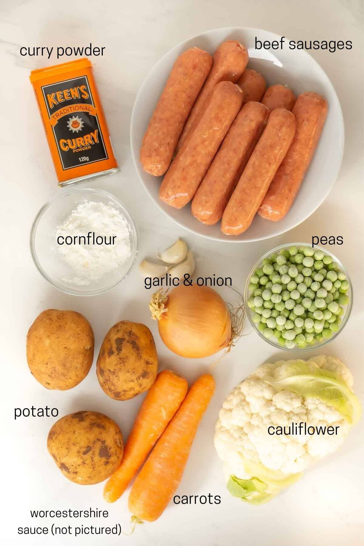 raw ingredients needed for curried sausages 