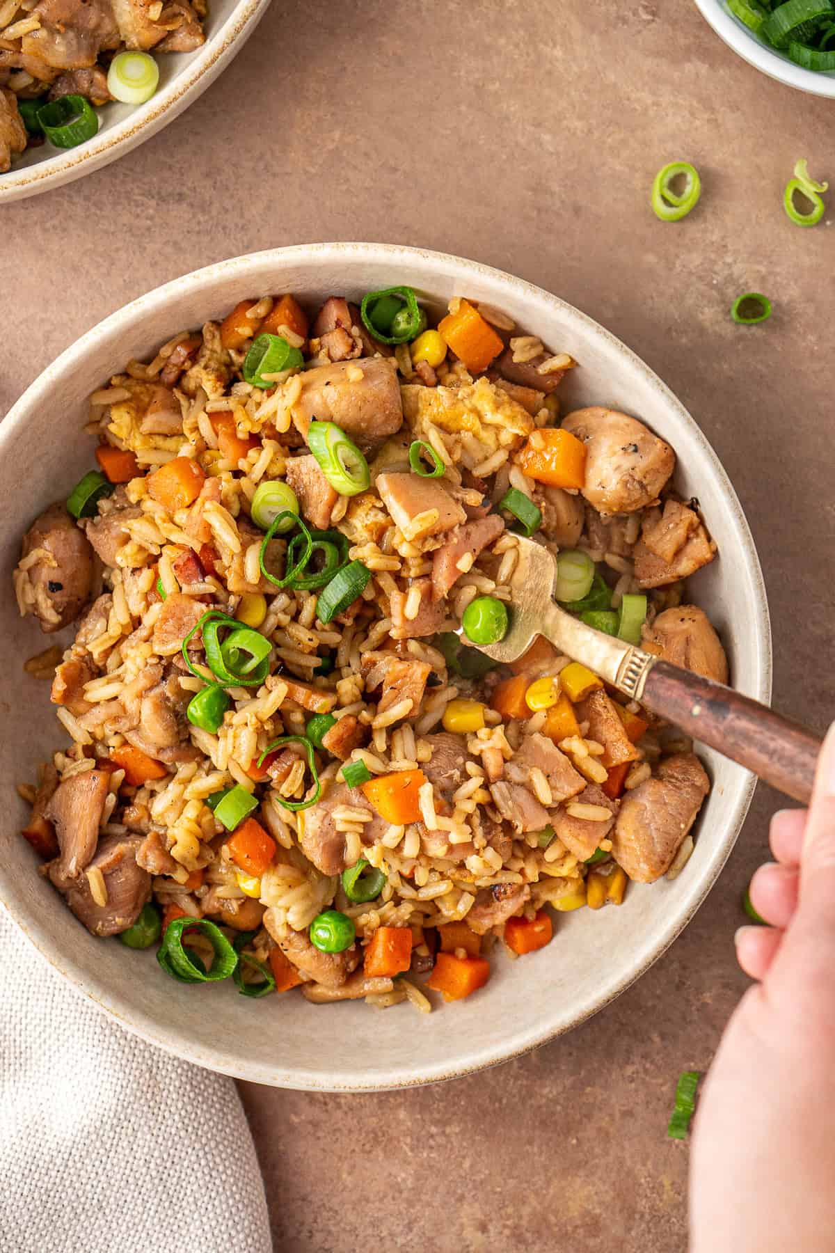 A hand taking a forkful of fried rice from the bowl.