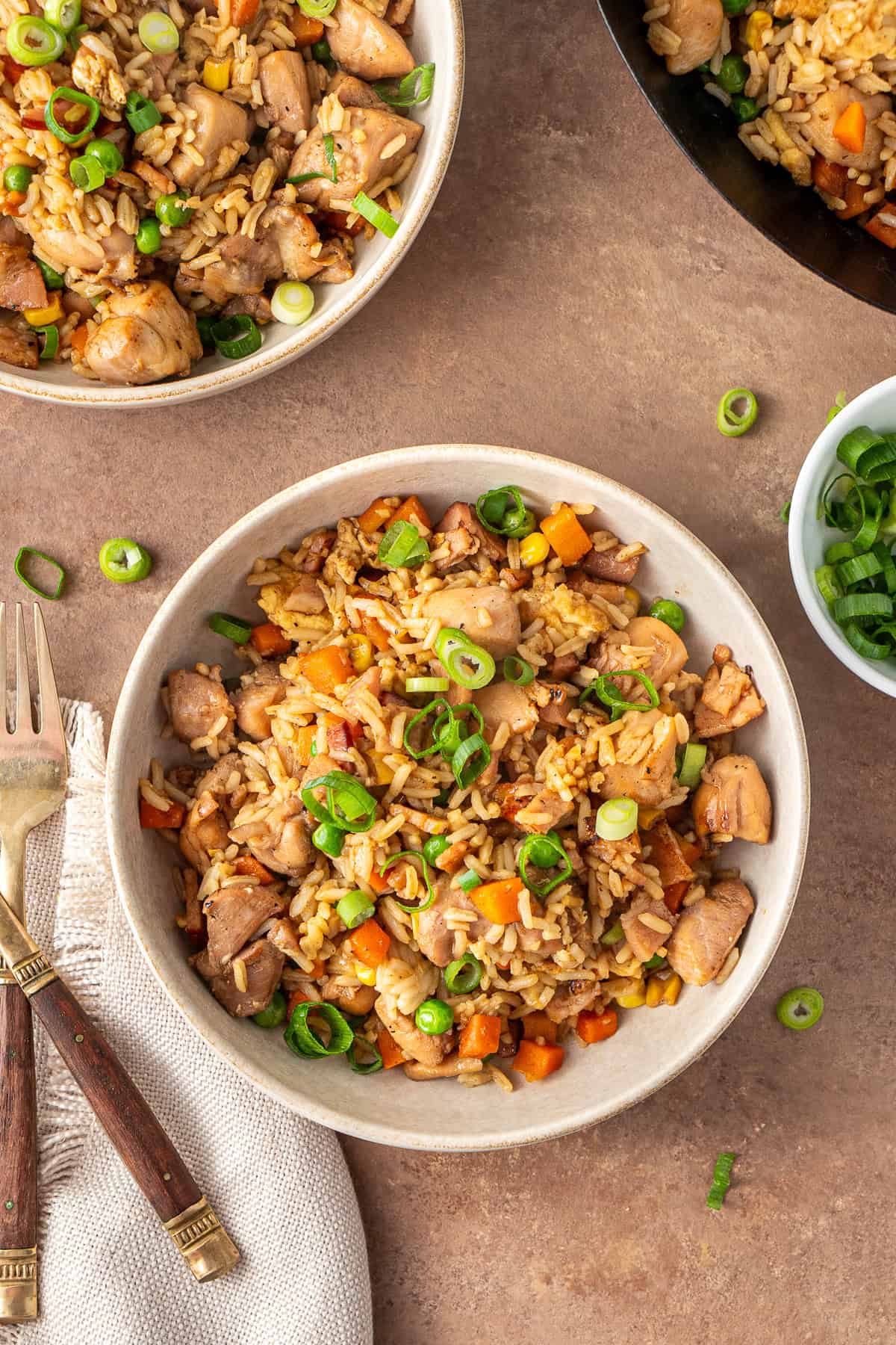 Chicken fried rice in bowls with spring onion.