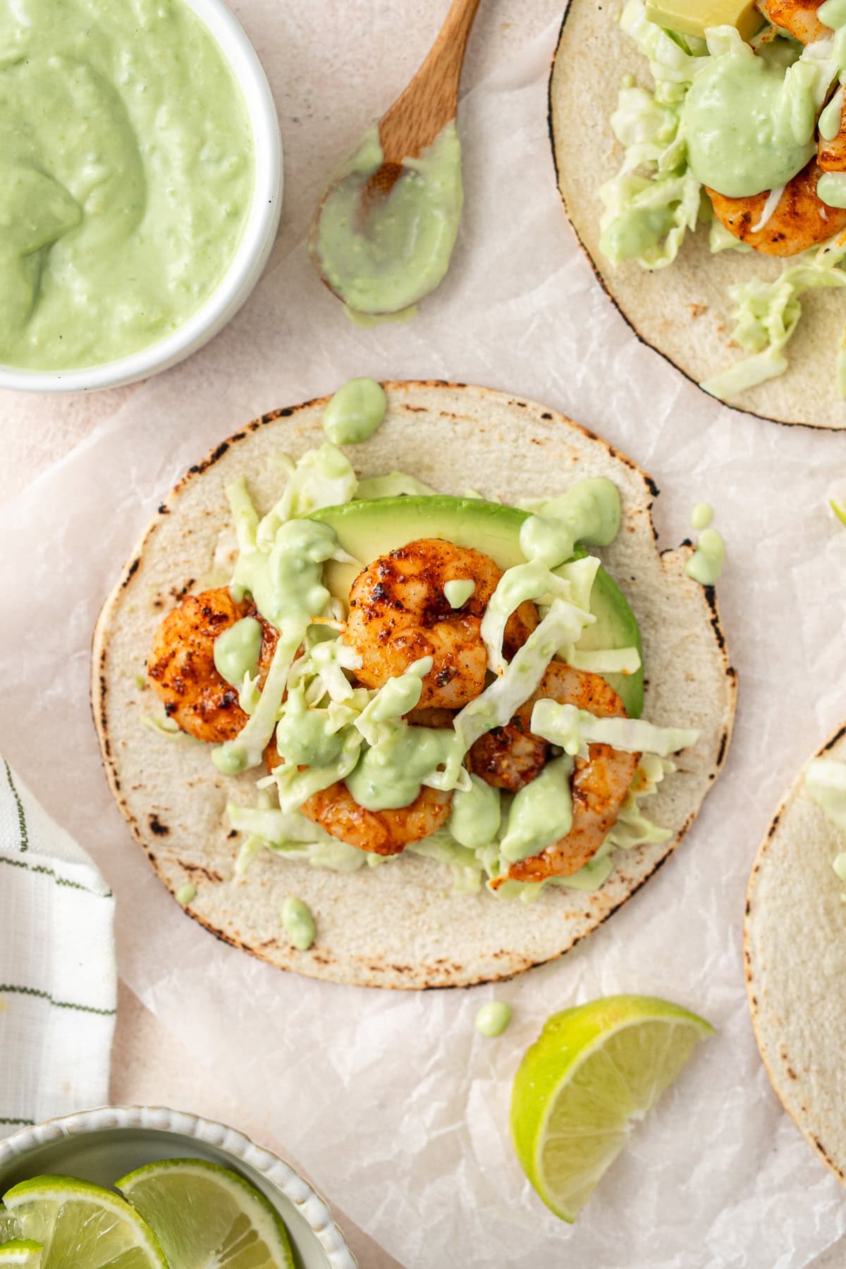 The grilled chipotle prawn tacos with extra avocado sauce.