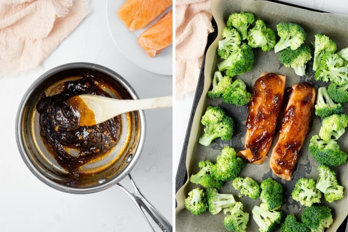Sticky maple glaze in a saucepan and on the salmon fillets on a sheet pan with broccoli. 